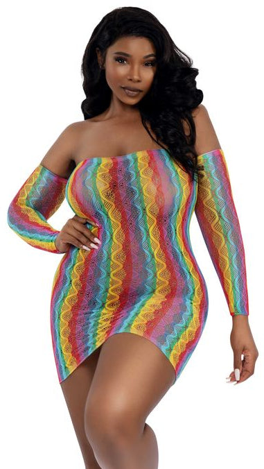 Plus Size Rainbow Fishnet Mini Dress with Arm Warmers