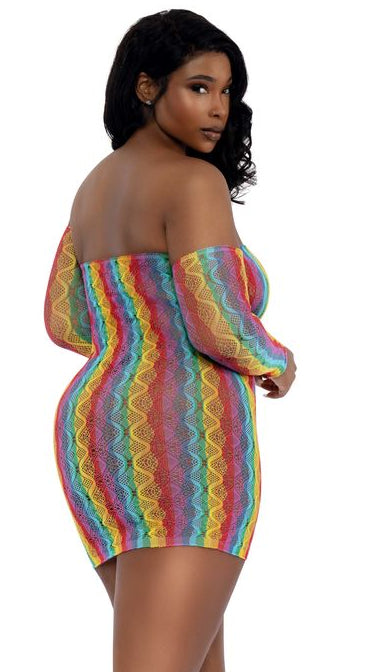 Plus Size Rainbow Fishnet Mini Dress with Arm Warmers
