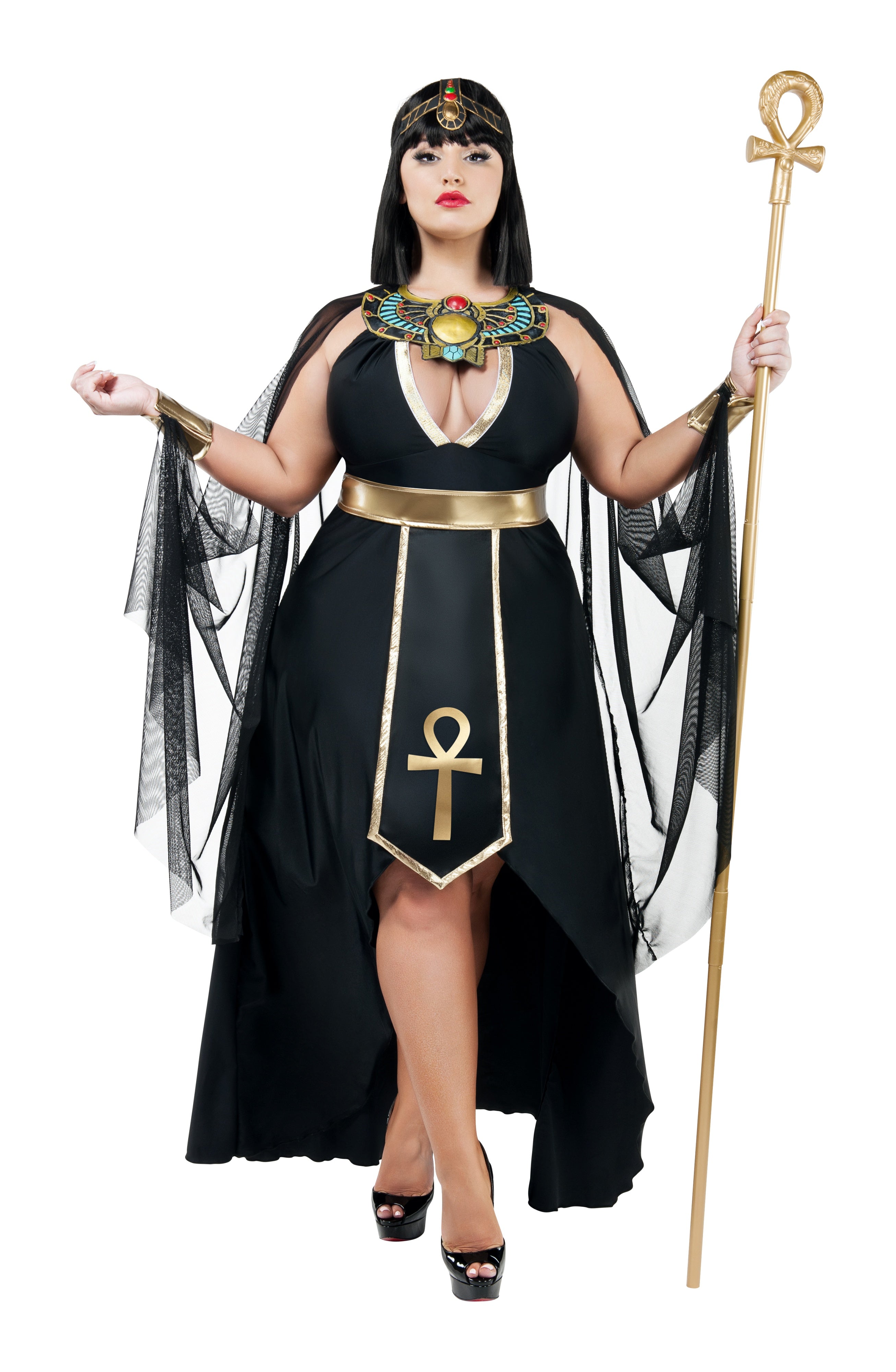 Plus size black V-neck peplum costume dress with gold trim, sheer cape, ankh staff