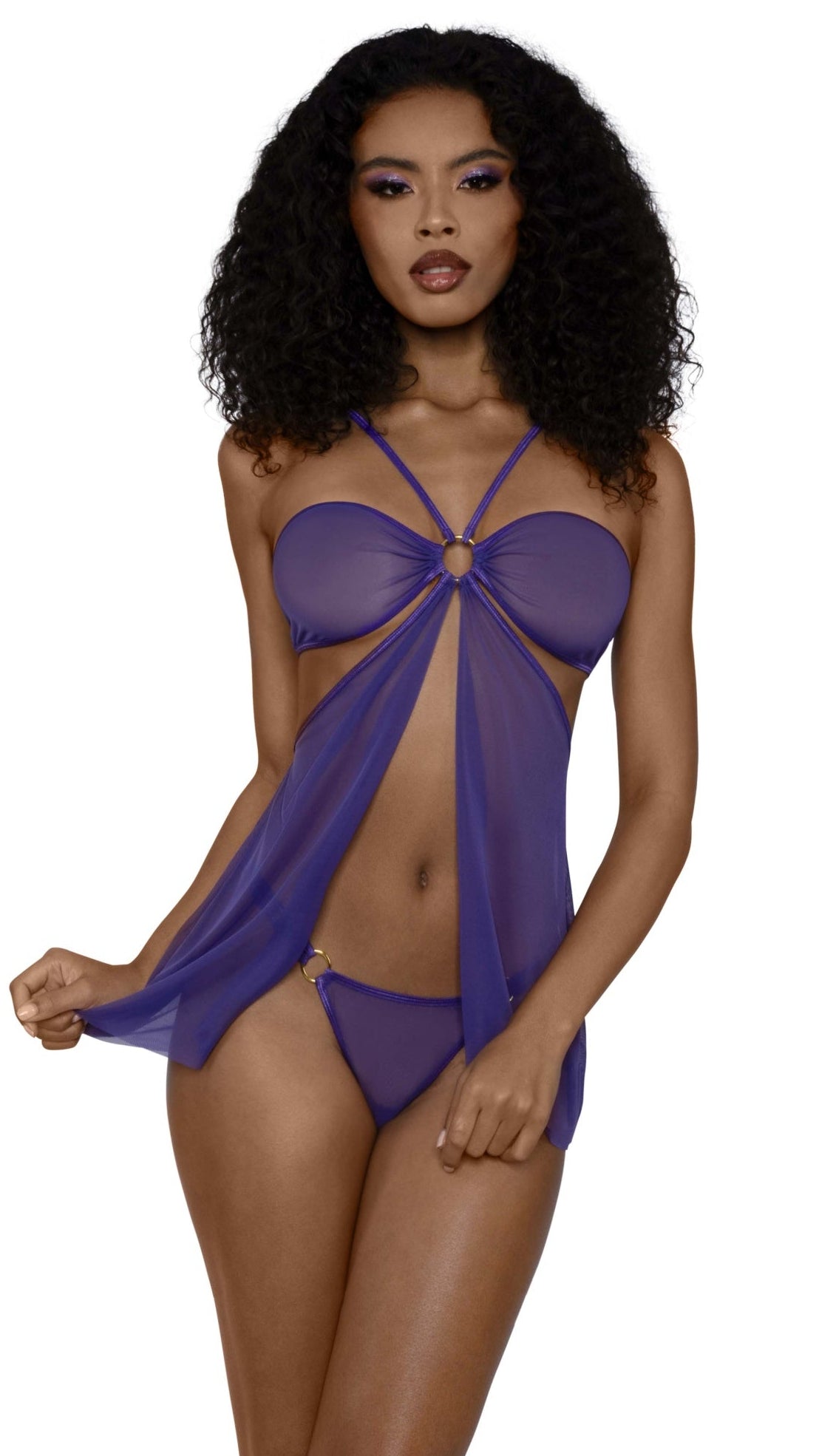Woman wearing a purple lingerie set on a white background