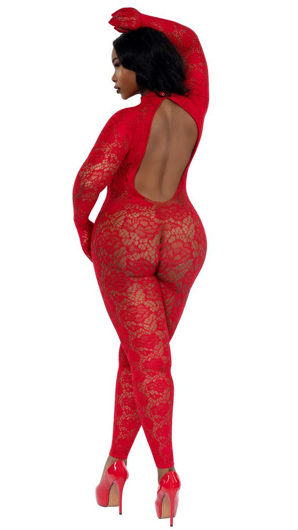 Red Open Back Plus Size Gloved Bodystocking Lace Detail