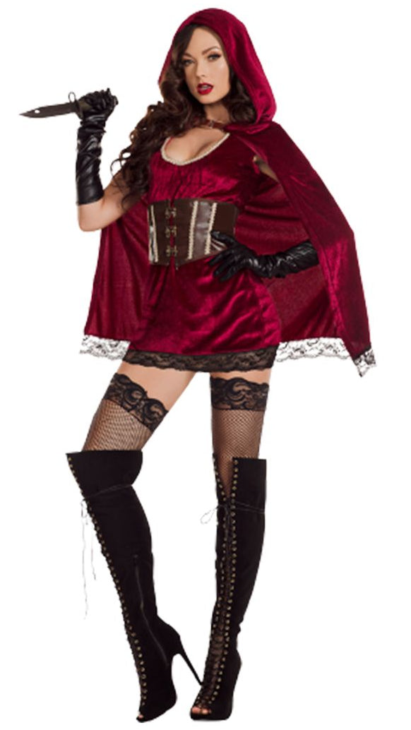 Gothic woodland heroine outfit pairs a rich red velvet lace dress with a dramatic hooded cape, front view