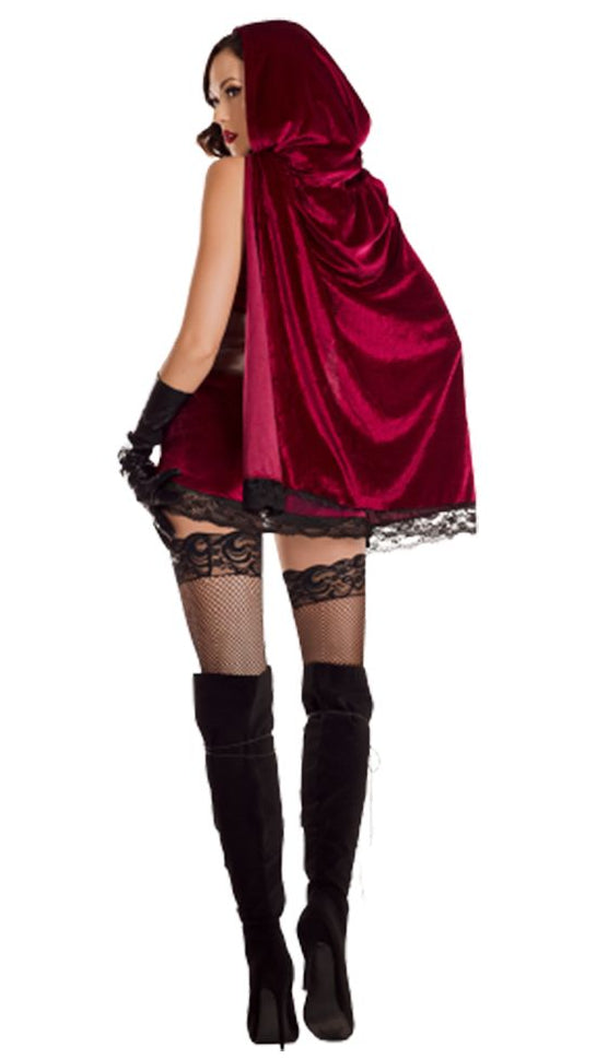 Gothic woodland heroine outfit pairs a rich red velvet lace dress with a dramatic hooded cape, back view