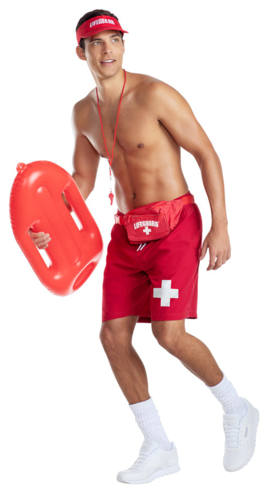Men’s Lifeguard Hunk Halloween Costume featuring red trunks, visor, fanny pack, and whistle, complete with a rescue buoy, socks, and sneakers, embodying a classic beach rescue look.