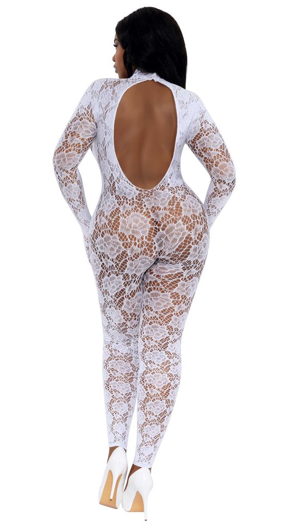 White Plus Size Gloved Bodystocking Open Back Lace Design