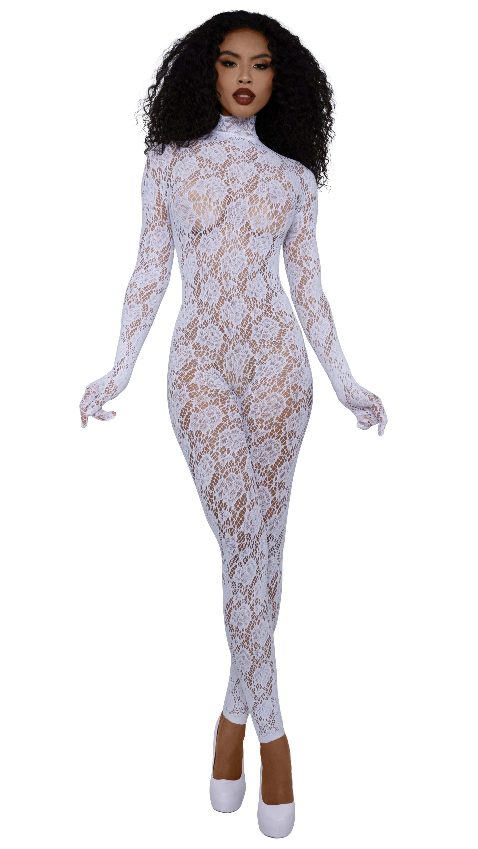 White Rose Lace Gloved Bodystocking with Mock Turtleneck