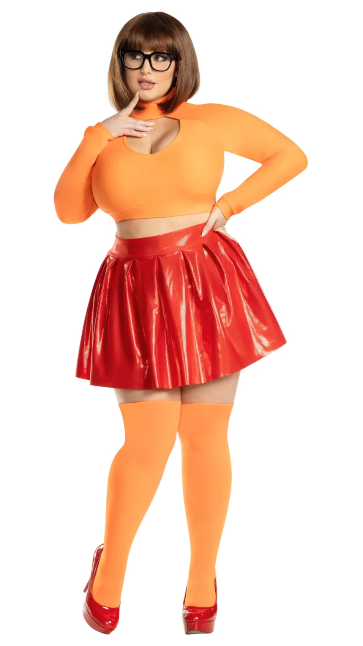 Orange crop top with red shiny pleated mini skirt
