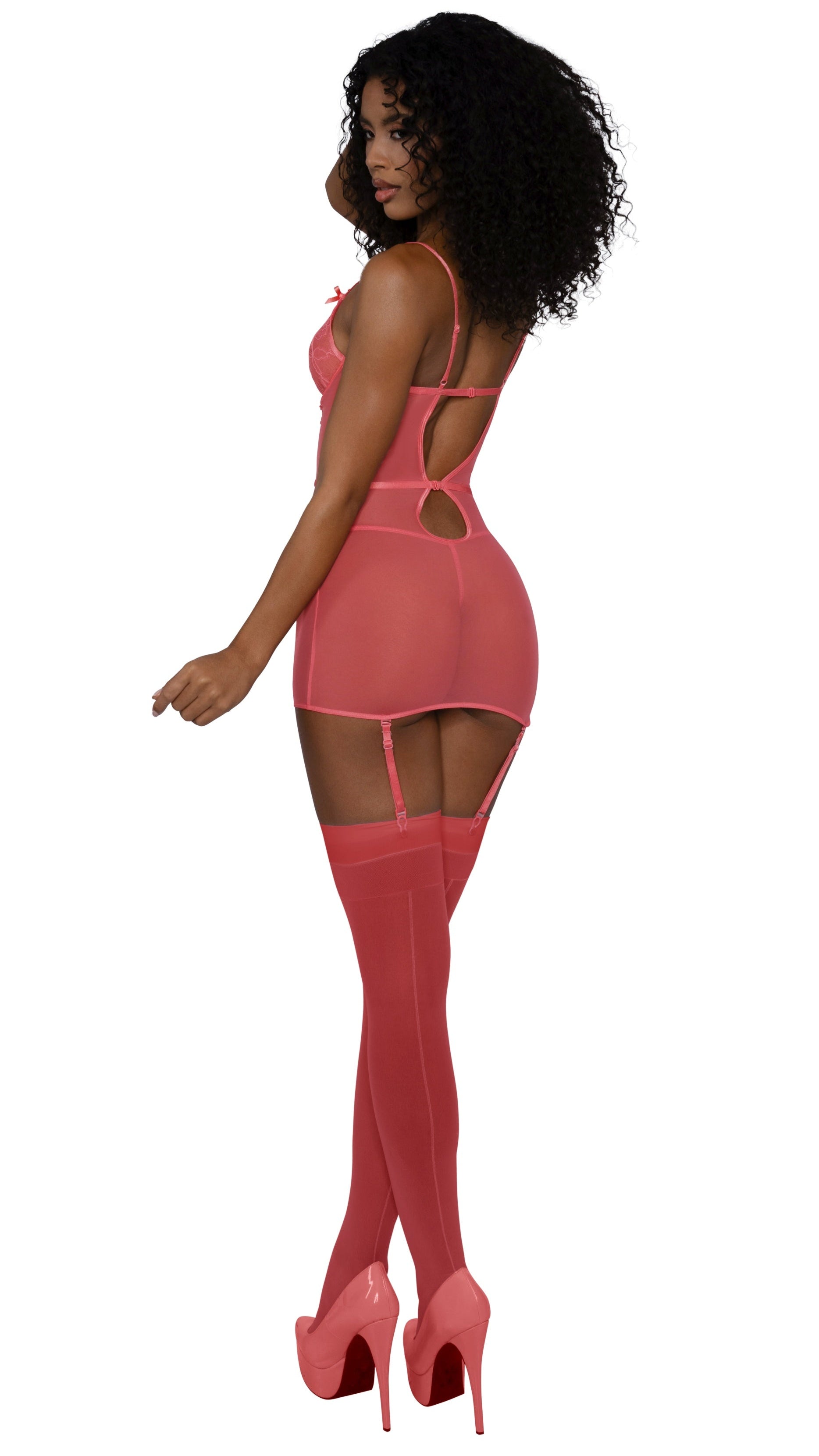 Grapefruit Lace Garter Chemise with Matching Attached Stockings