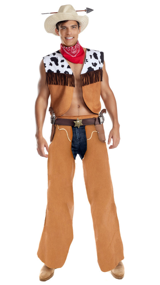 Cowboy Outlaw Men’s Halloween Costume featuring a straw hat with arrow, red bandana, suede–style vest and chaps, sheriff’s badge belt, and beige boots, perfect for Western-themed events.