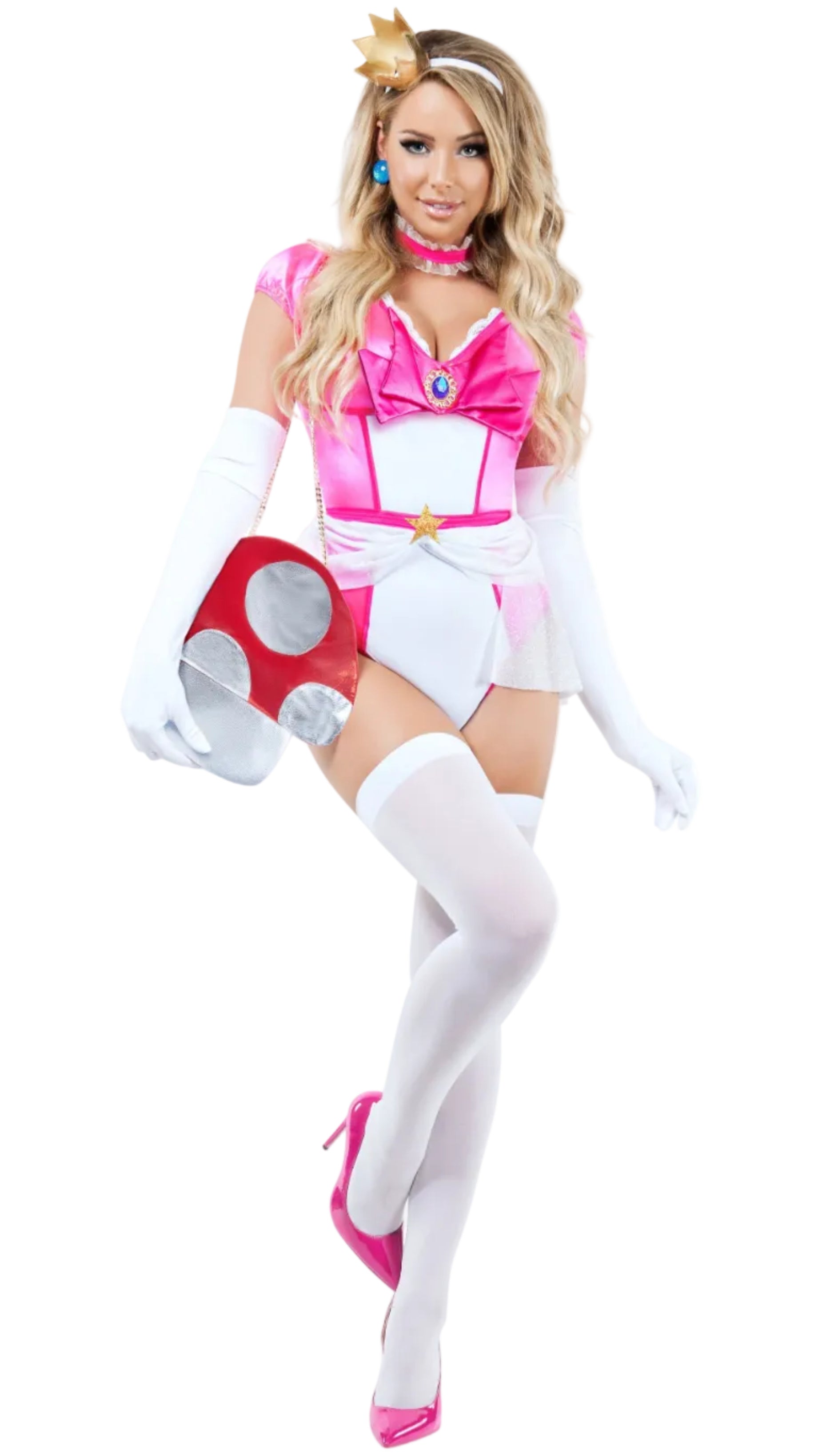 Princess costume with pink and white sheer romper and contrast pink binding