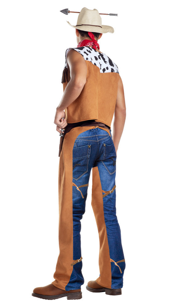Cowboy Outlaw Men’s Halloween Costume features a novelty arrow-through-head straw hat, red bandana, cow-print suede vest, denim jeans with suede chaps, leather boots, and a belt with holster.