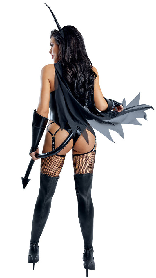 A woman modeling a devil-themed costume from the back, featuring a black horned headpiece, black cape, fishnet stockings, thigh-high boots, and a black bow and arrow, set against a plain white background.