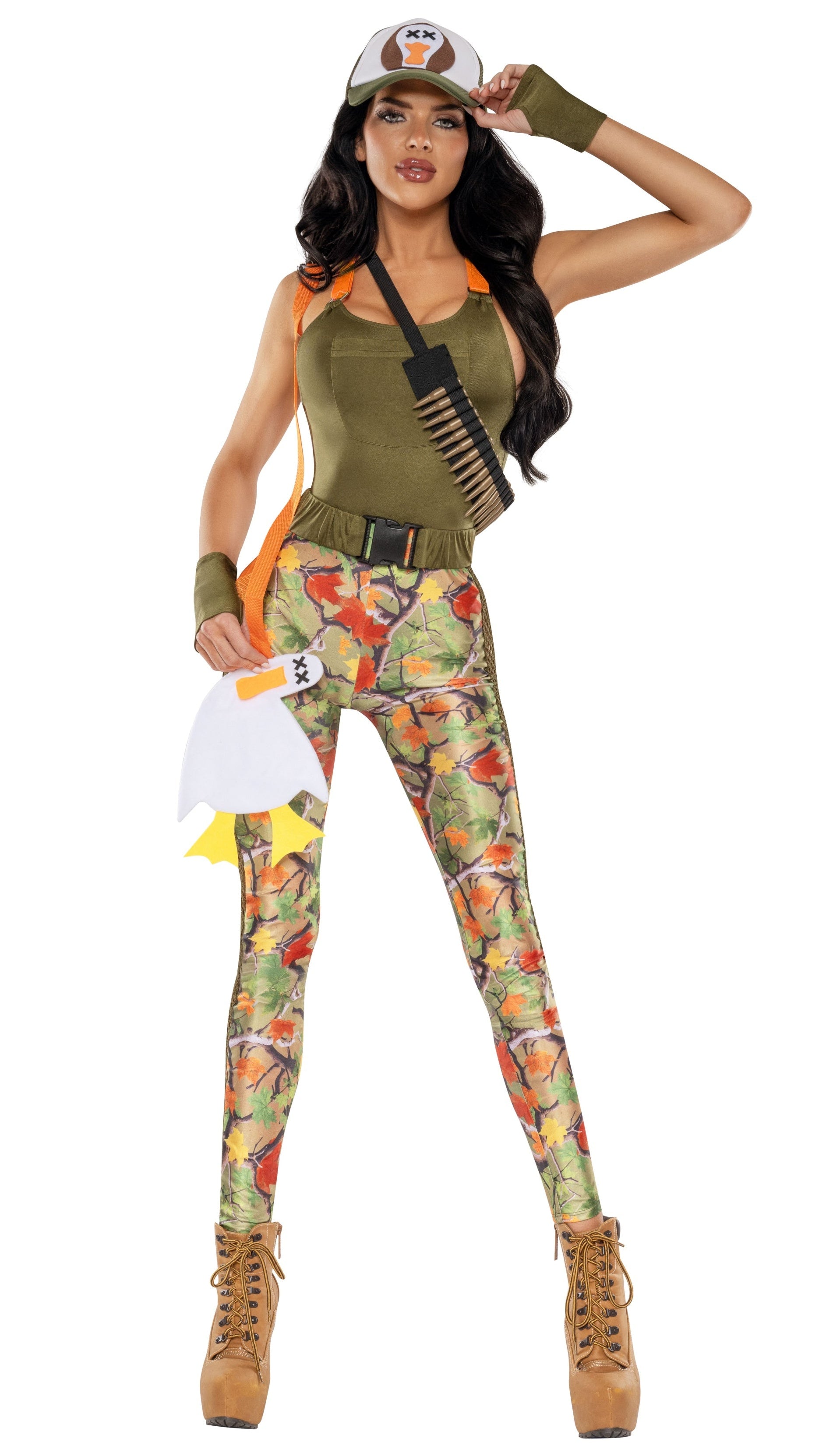 Green camouflage hunting set with cap, sleeveless vest, and skinny pants
