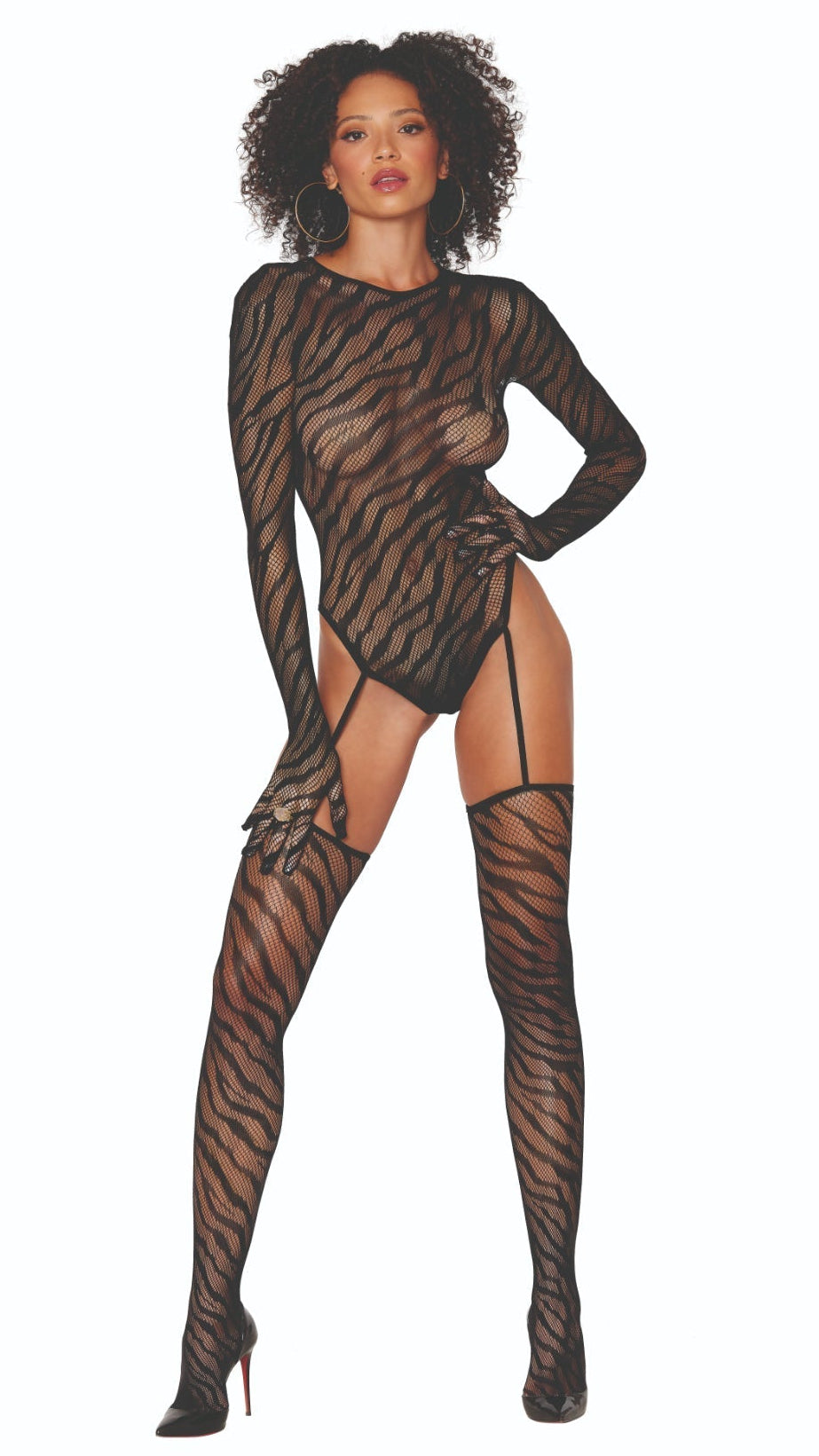 Woman in Zebra Print Teddy Bodystocking with built-in gloves, fishnet fabric, keyhole back, attached garters, and matching thigh-high stockings.
