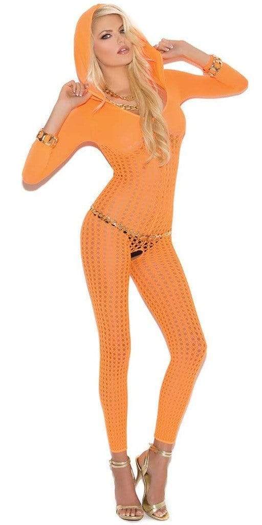Woman modeling the Alsace Crochet Bodystocking, featuring a sheer mesh hood, crochet design covering the body, and 3/4 sleeves, paired with high heels.