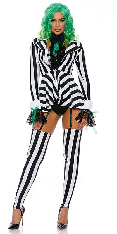 Woman modeling the Betelgeuse Halloween Costume, featuring a striped jacket, solid crop top, high-waist panty with garters, and striped leg accessories.