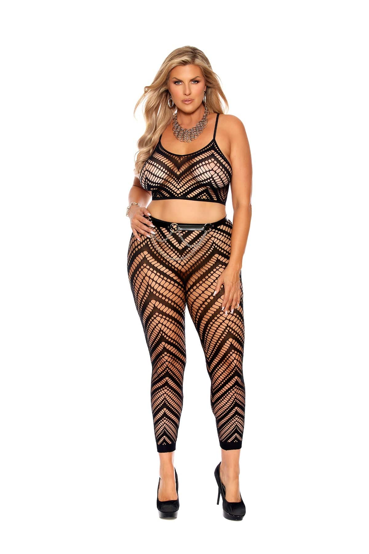 Black Plus Size Zig Zag Crochet Net Cami Top and Leggings worn by a woman with fishnet design, paired with black high heels for a fashionable look.