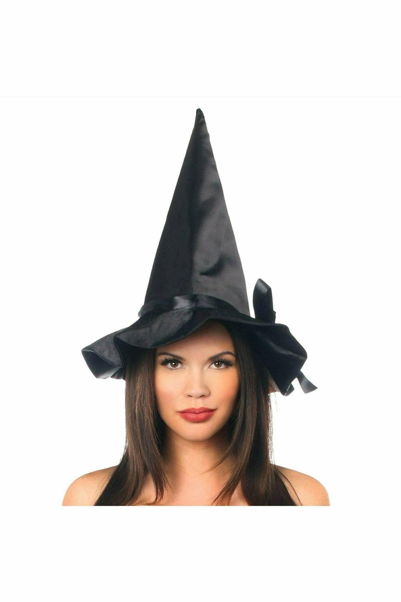 A woman wearing a Black Satin Ribbon Witch Hat with long brown hair, showcasing its elegant design as a fashionable costume accessory.