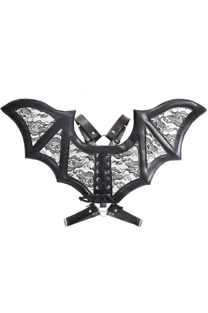 Black Faux Leather & Lace Wing Harness featuring adjustable straps and sheer lace bat wings, perfect for a bold festival fashion statement. Vegan approved.