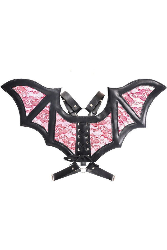 Black with Red Faux Leather & Lace Wing Harness in a pink and black bat wing design, ideal for cosplay and festival fashion.