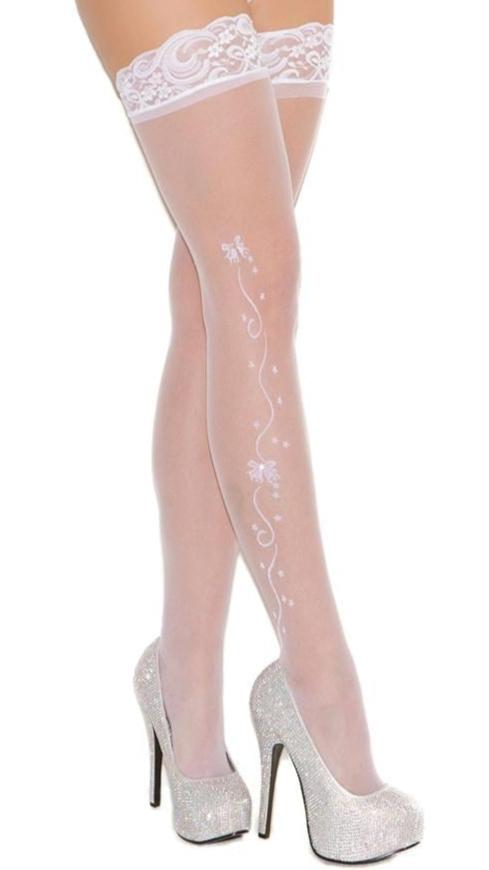 Bridal Wedding Bell Thigh High Stockings featuring sheer design and delicate lace top, modeled by a woman in white lingerie, emphasizing elegance and sophistication.
