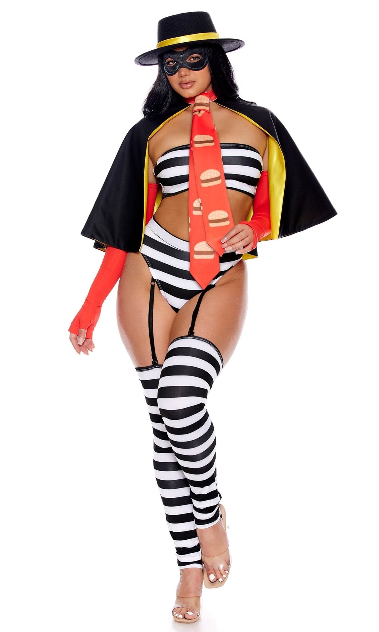 Woman in Burger Bandit Sexy Character Halloween Costume, featuring striped bandeau top, high-waisted panty, cropped cape, burger-themed tie, fingerless gloves, and eye mask.