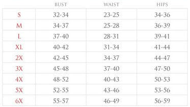 Size chart for corset costume: bust, waist, hips ranges for S to 6X