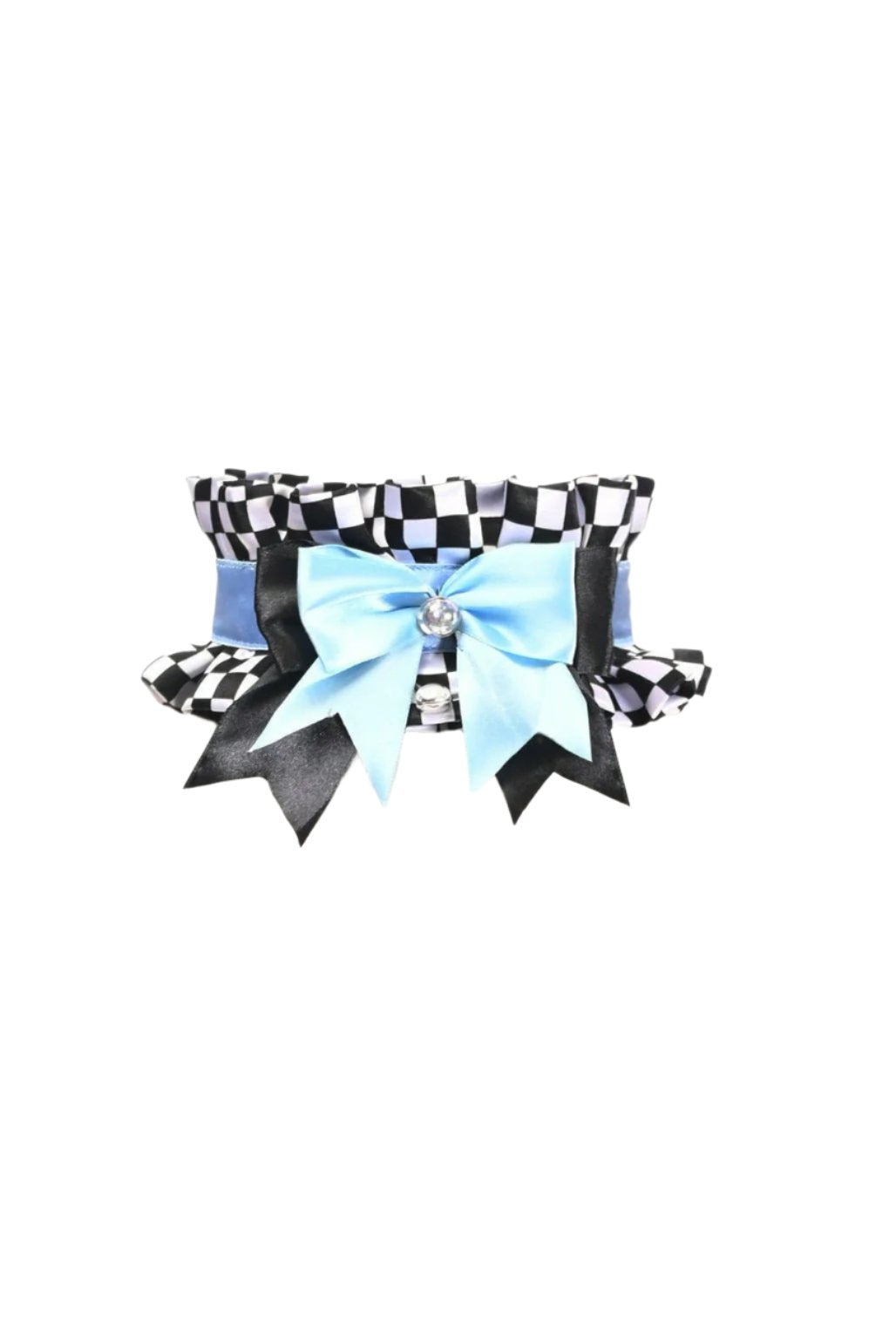 Checker Print Costume Choker featuring a distinctive black and white checkered pattern with a central blue bow, rhinestone detail, and bell charm for a punk-inspired look.