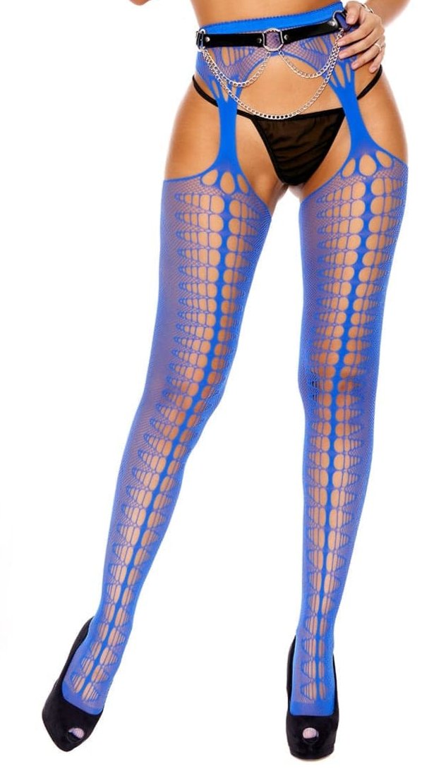 Chic Blue Crochet Suspender Pantyhose worn by a model, featuring blue fishnet design with garter belt, paired with black panties for a stylish look.