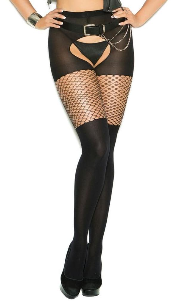 Crotchless Plus Size Pantyhose with Thigh Detail, featuring a diamond net top, modeled with a black vest and fishnet style. Top not included.