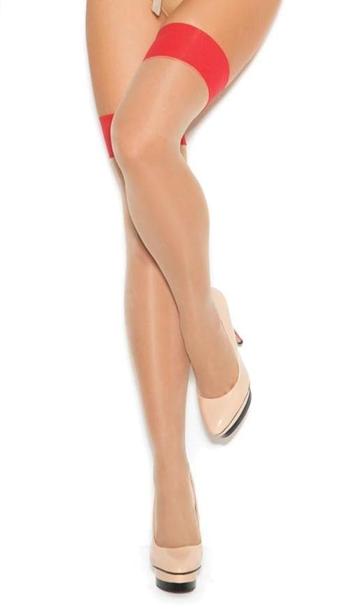 Woman wearing Cuban Red Backseam Foot Thigh High Stockings with sheer design and red back seam, showcasing legs and gold bracelets on wrist.