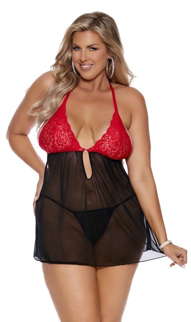 Curves & Charm Plus Size Mesh Halter Babydoll with Rhinestones, featuring a lace design, halter-neck, keyhole front, and matching g-string for a captivating look.