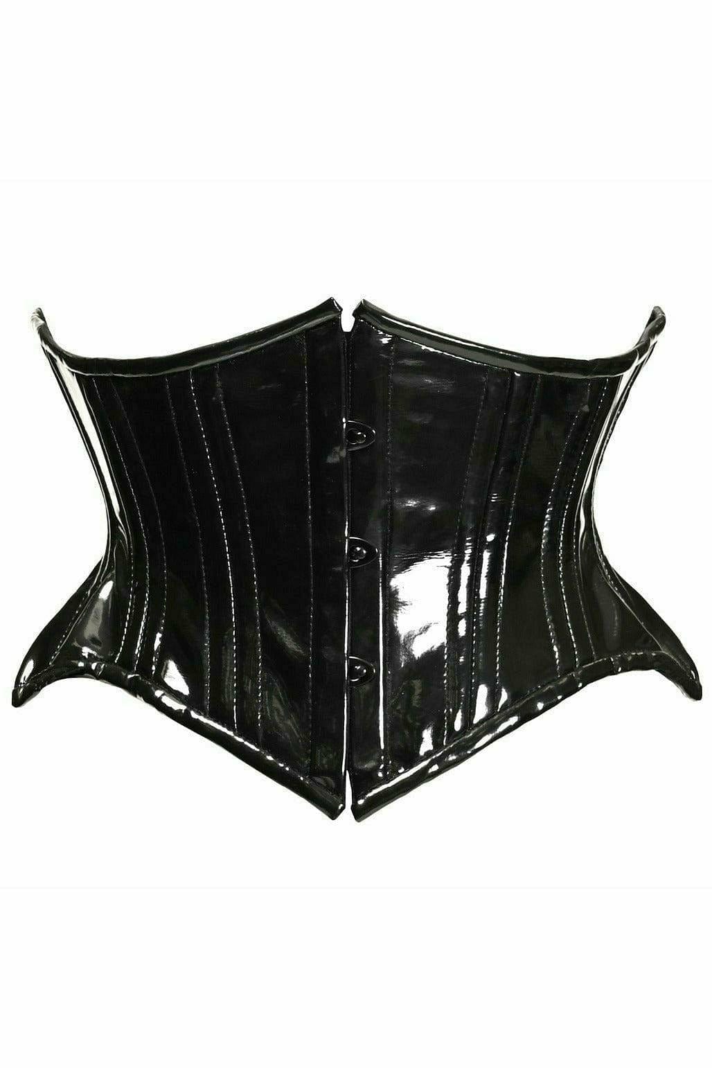 Deluxe Black Patent PVC Vinyl Double Steel Boned Curvy Cut Waist Cincher, featuring sturdy steel bones and front busk closure for an elegant hourglass shape.