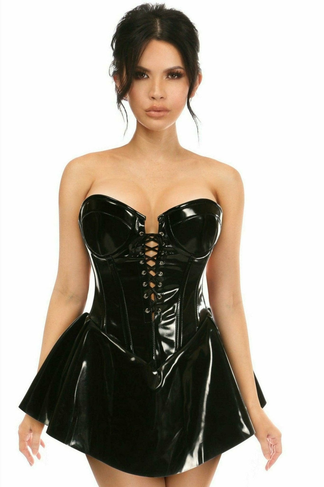 Woman wearing the Deluxe Black Patent Steel Boned Corseted Dress with lace-up detailing, showcasing its structured fit and elegant design.