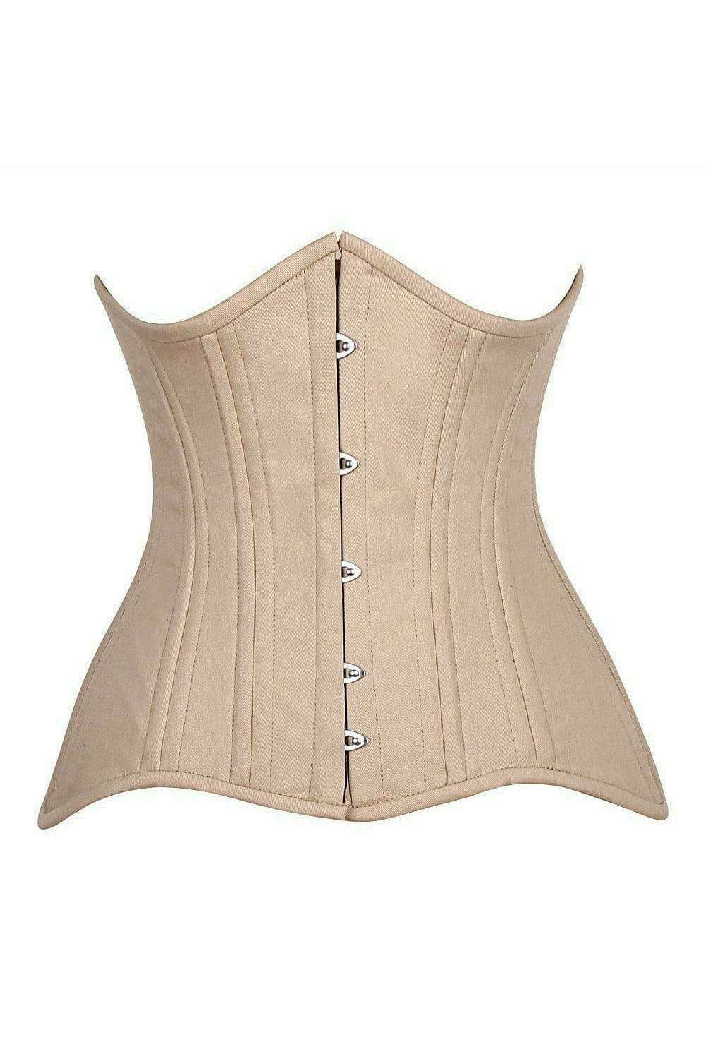 Close-up of the Deluxe CURVY Nude Cotton Double Steel Boned Underbust Waist Cincher Corset, highlighting its front busk closure and spiral steel boning for stability.