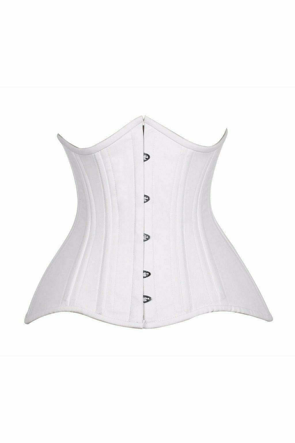 Deluxe Curvy White Cotton Double Steel Boned Underbust Waist Cincher Corset with button details and premium front busk closure, featuring close-up views.