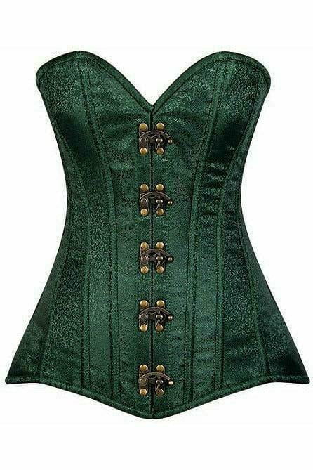Deluxe Dark Green Brocade Steel Boned Corset with Clasp Closure Musotica.com
