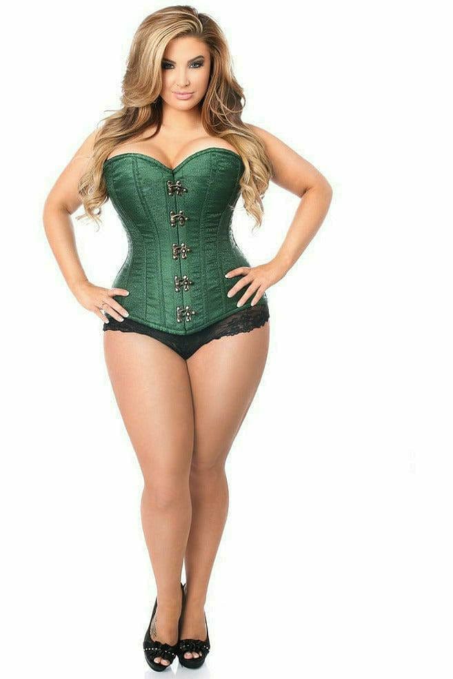 Deluxe Dark Green Brocade Steel Boned Corset with Clasp Closure Musotica.com