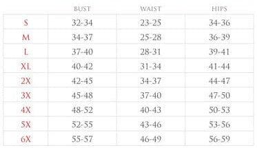Costume size chart with bust, waist, hips measurements for sizes S to 6X