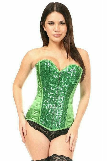 Deluxe Green Sequin Steel Boned Corset on a model, featuring sequin fabric, metal zipper, and spiral steel bones for structure and comfort.