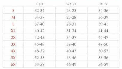 Miss Jessica costume size chart showing bust, waist, and hips measurements