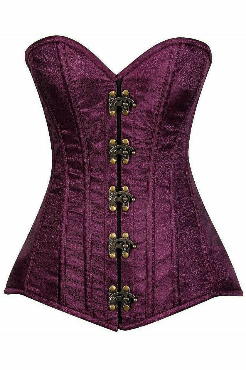 Deluxe Plum Brocade Steel Boned Corset with Clasp Closure Musotica.com