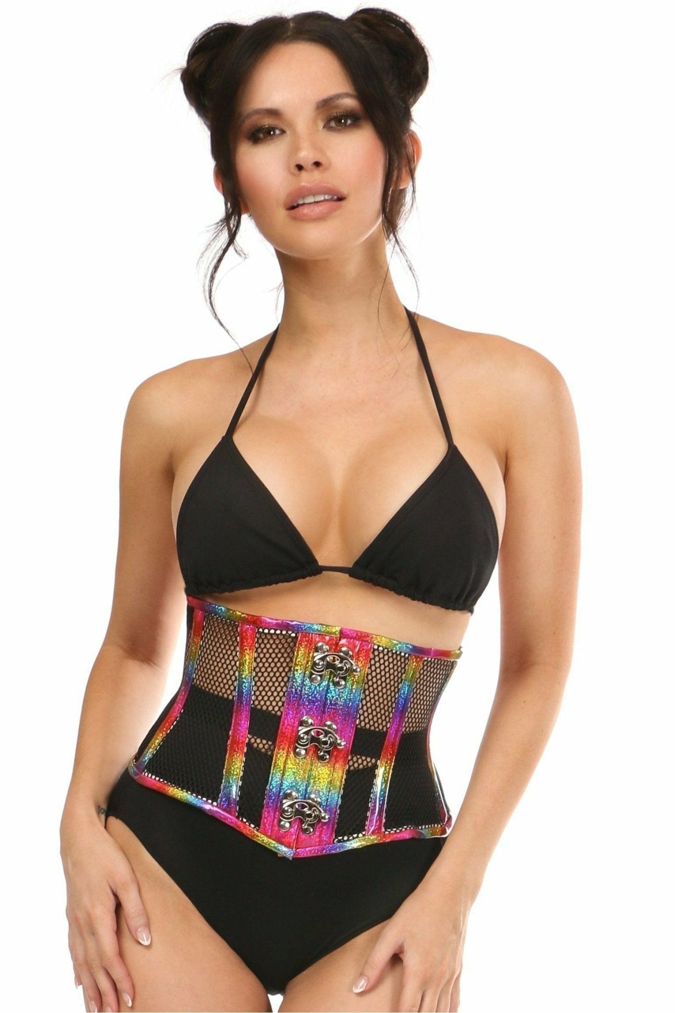 Woman wearing Deluxe Rainbow Glitter PVC Steel Boned Mini Cincher, featuring spiral steel bones, front clasp closure, and modesty panel, adding sparkle to her wardrobe.