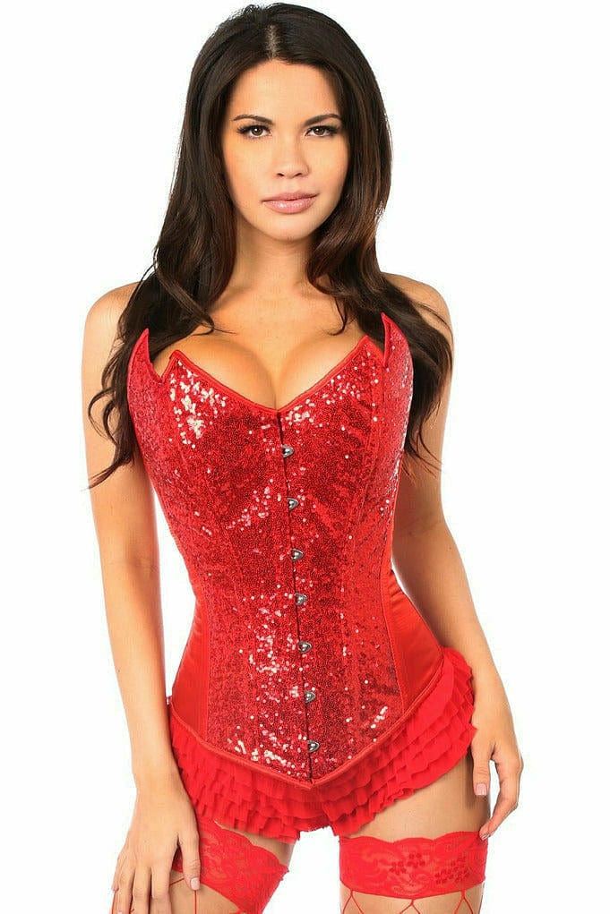 A woman models the Deluxe Red Sequin Pointed Top Steel Boned Corset, showcasing its shimmering sequins and structured silhouette.