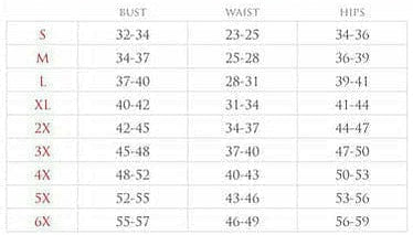 Corset size chart with bust, waist, and hip measurement table