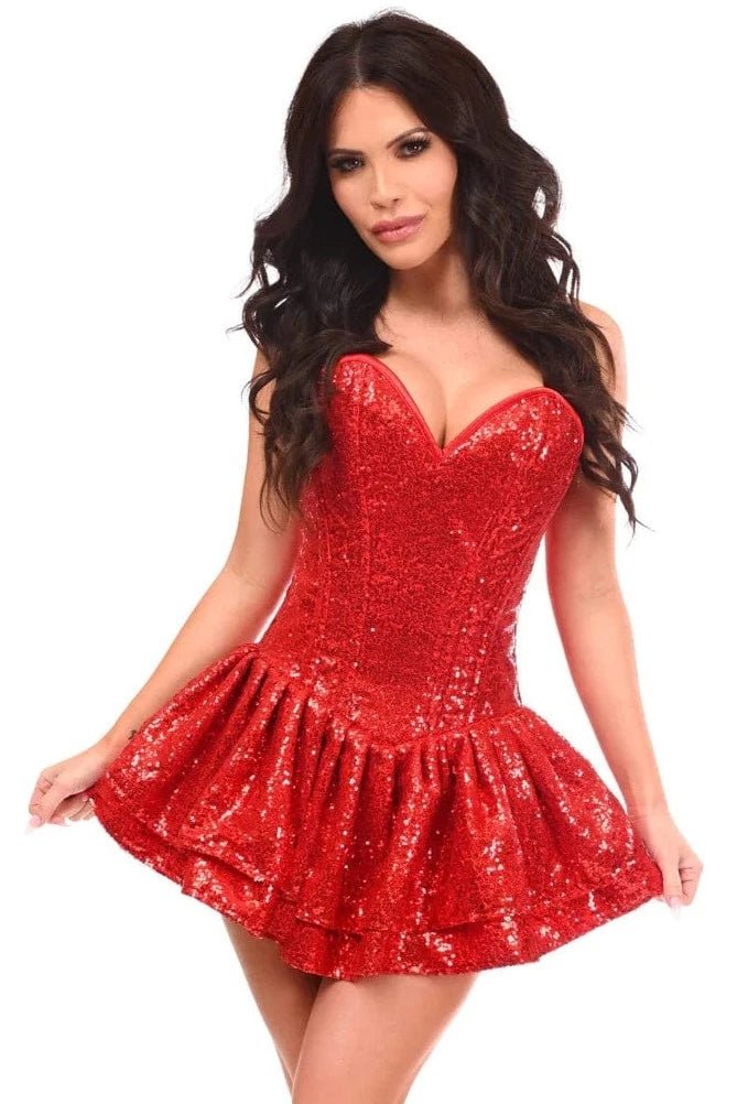 Deluxe Red Sequin Steel Boned Mini Corset Dress worn by a woman, featuring a sweetheart neckline, spiral steel bones, and back laces for a cinched fit.