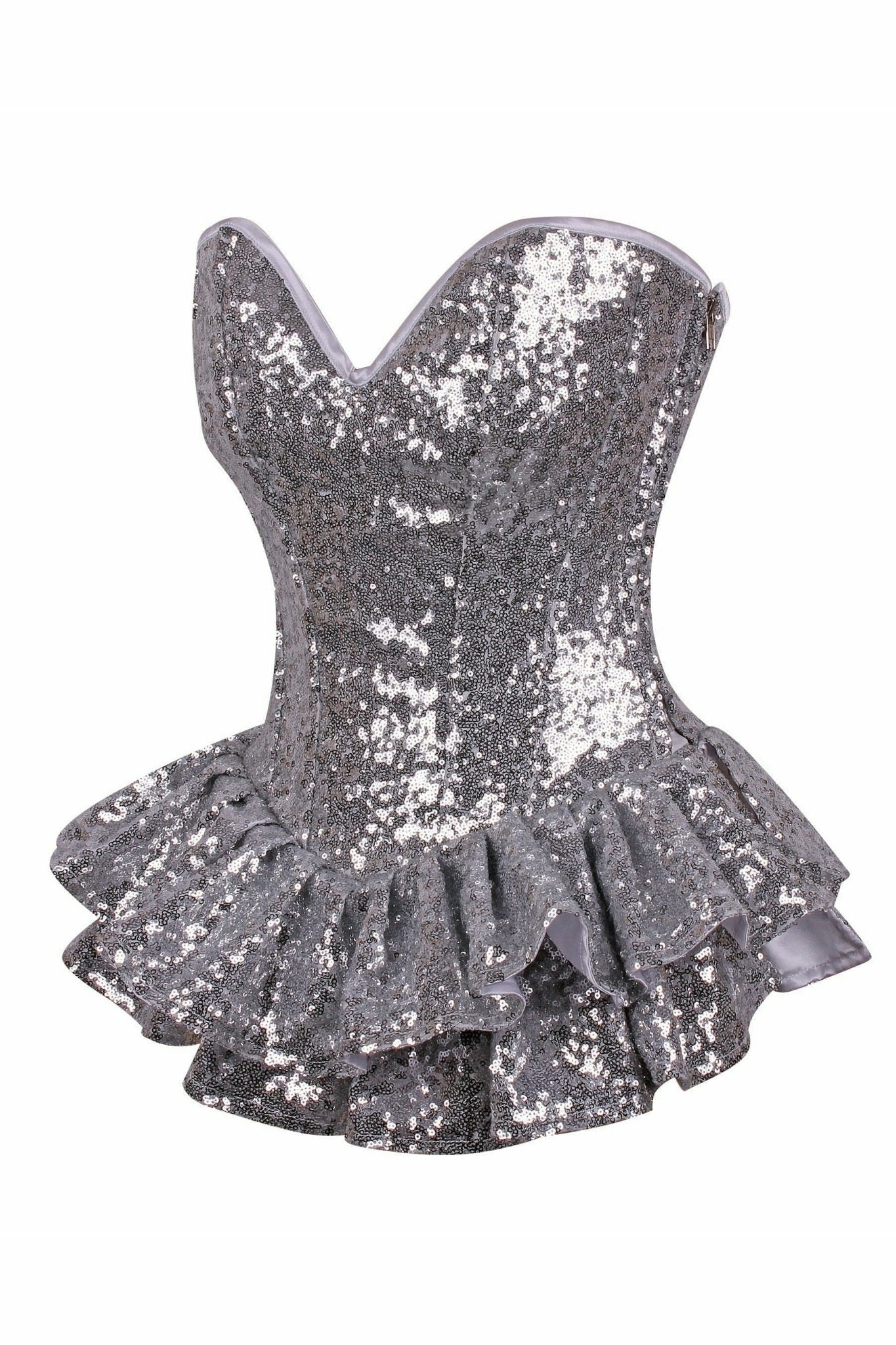 Deluxe Silver Sequin Steel Boned Mini Corset Dress with ruffles, sweetheart neckline, and intricate sequin pattern, featuring spiral and static boning for a structured fit.