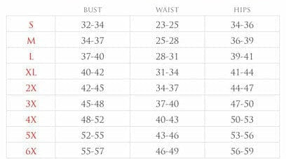 Deluxe costume size chart with bust, waist, and hip measurements for sizes S-6X