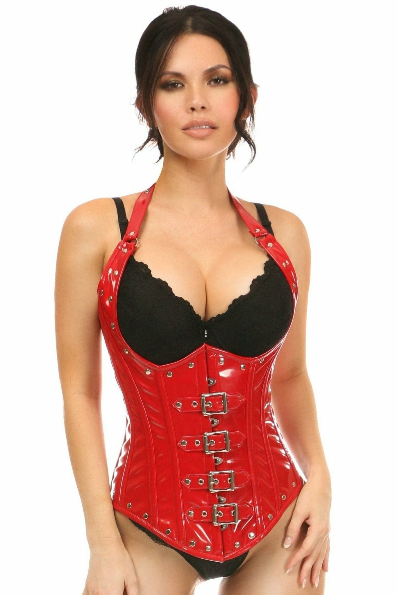 Woman modeling Deluxe Steel Boned Red Patent PVC Vinyl Underbust Corset Top, showcasing its structured fit and curve-enhancing design, suitable for daring fashion statements.