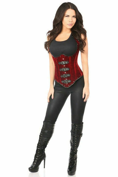 Deluxe Steel Boned Red Velvet Underbust Corset with Buckling Musotica.com
